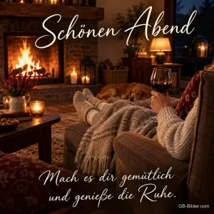 Füße in Wollsocken vor dem Kaminfeuer, Glas Rotwein, Text: Schönen Abend – Mach es dir gemütlich und genieße die Ruhe.