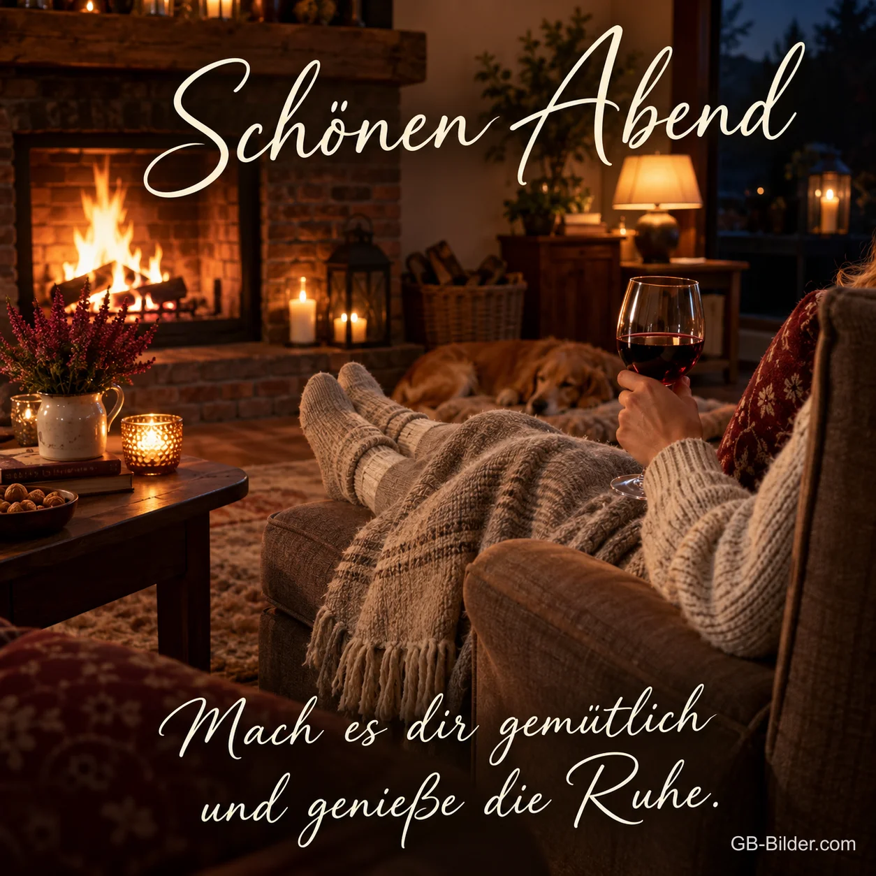Füße in Wollsocken vor dem Kaminfeuer, Glas Rotwein, Text: Schönen Abend – Mach es dir gemütlich und genieße die Ruhe. Füße in Wollsocken vor dem Kaminfeuer, Glas Rotwein, Text: Schönen Abend – Mach es dir gemütlich und genieße die Ruhe.