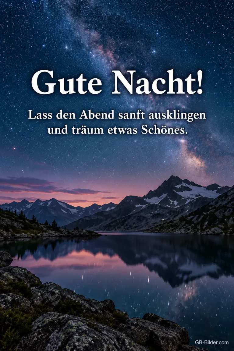 Milchstraße über einem Bergsee, Text: Gute Nacht! Lass den Abend sanft ausklingen und träum etwas Schönes.