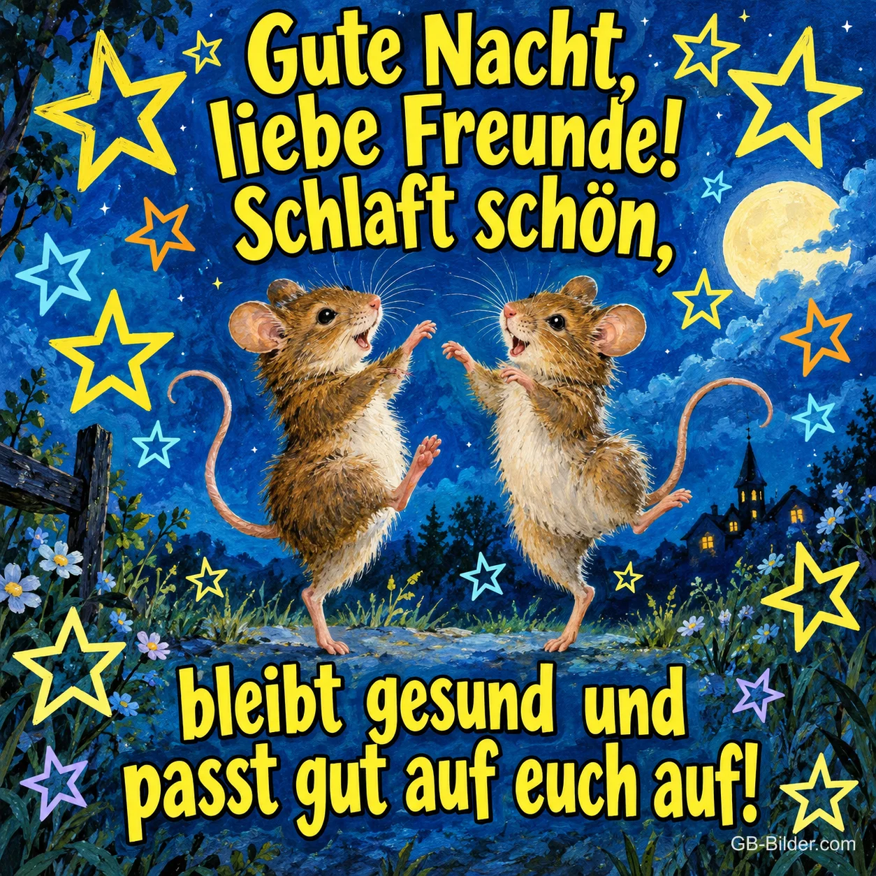 Zwei Mäuse tanzen nachts unter gelben Sternen und Mond, Text: Gute Nacht, liebe Freunde! Schlaft schön, bleibt gesund und passt gut auf euch auf!