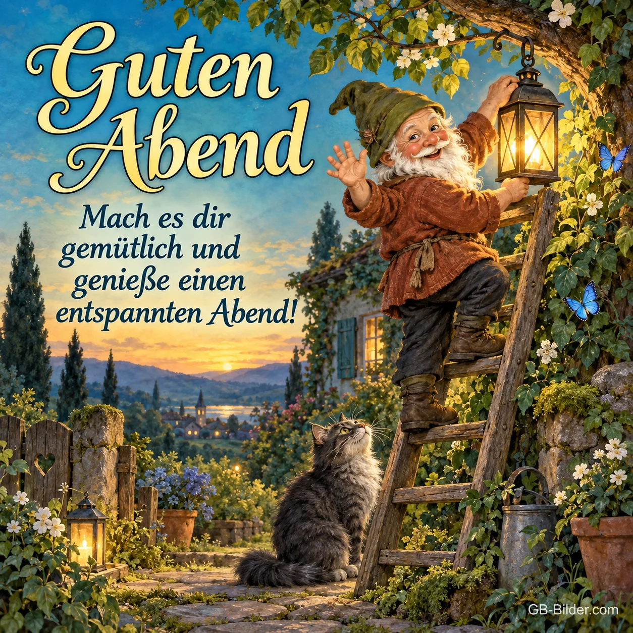 Wichtel auf einer Leiter zündet eine Laterne an, Katze schaut zu, Text: Guten Abend – Mach es dir gemütlich und genieße einen entspannten Abend! Wichtel auf einer Leiter zündet eine Laterne an, Katze schaut zu, Text: Guten Abend – Mach es dir gemütlich und genieße einen entspannten Abend!