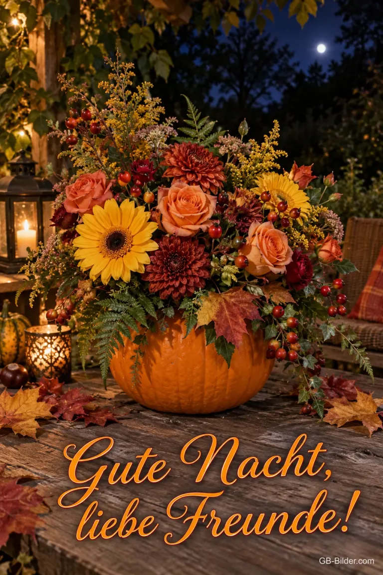 Herbstblumen in einem Kürbis auf einem Tisch bei Nacht, Text: Gute Nacht, liebe Freunde!