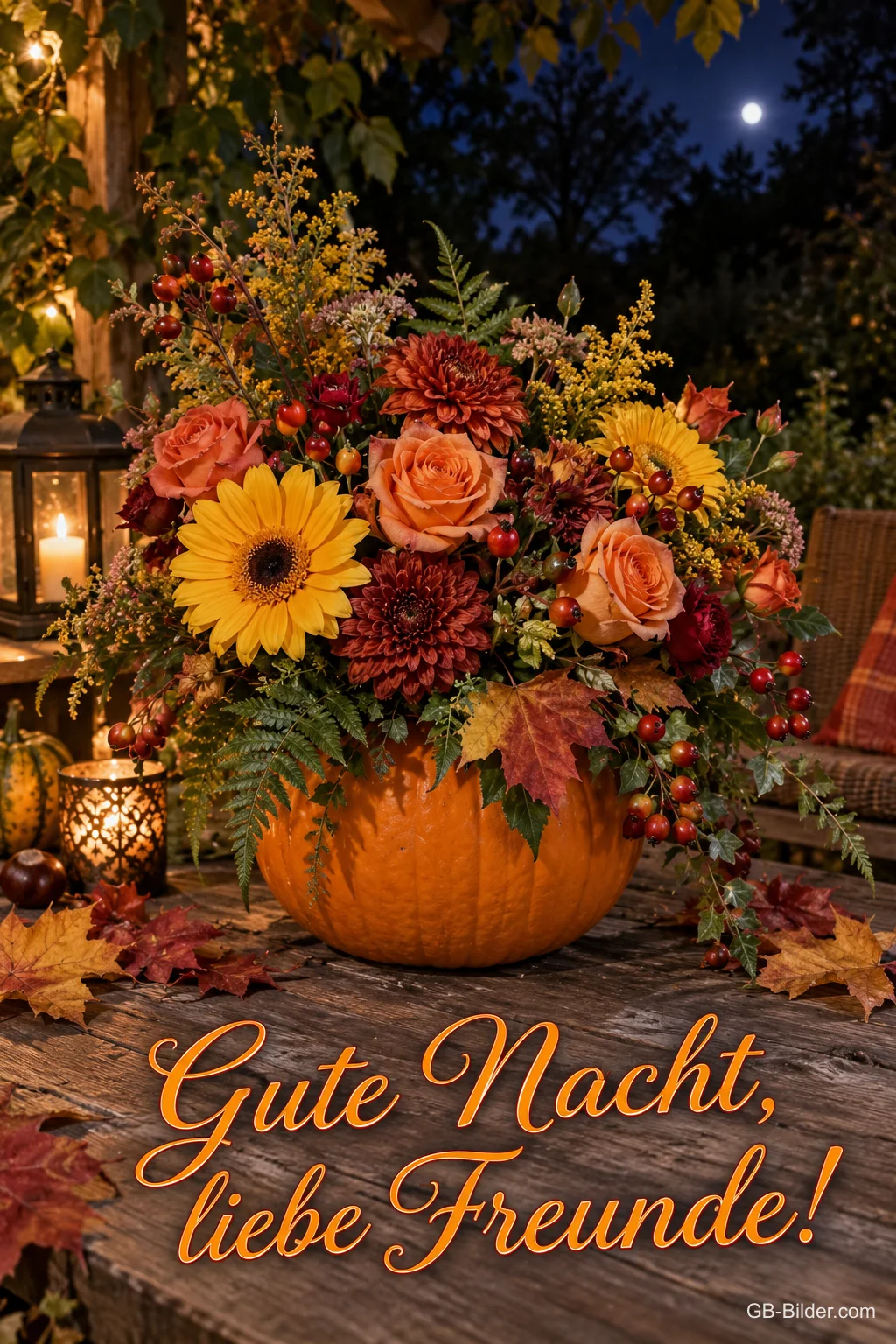 Herbstblumen in einem Kürbis auf einem Tisch bei Nacht, Text: Gute Nacht, liebe Freunde!