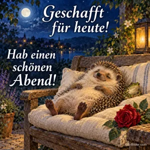 Igel liegt entspannt auf einer Gartenbank mit Rose, Text: Geschafft für heute! – Hab einen schönen Abend!