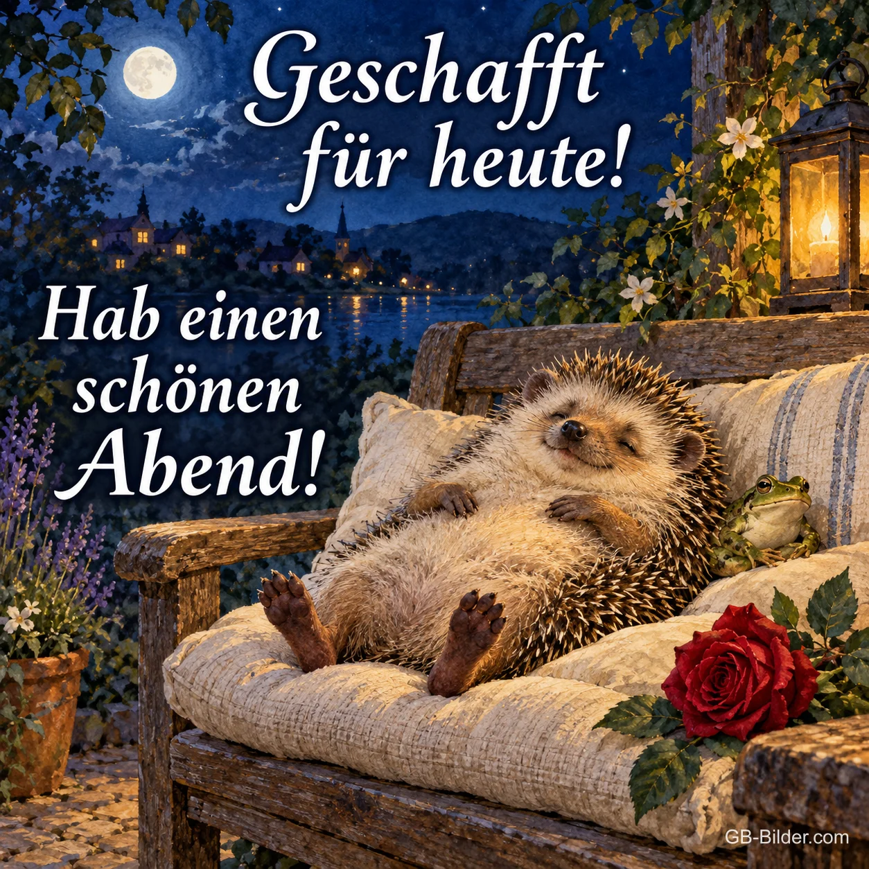 Igel liegt entspannt auf einer Gartenbank mit Rose, Text: Geschafft für heute! – Hab einen schönen Abend! Igel liegt entspannt auf einer Gartenbank mit Rose, Text: Geschafft für heute! – Hab einen schönen Abend!