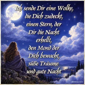 Frau unter dem Vollmond, Gute-Nacht-Gedicht, Text: Ich sende Dir eine Wolke, die Dich zudeckt, einen Stern, der Dir die N