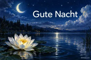 Weiße Seerose auf einem See unter der Mondsichel, Text: Gute Nacht