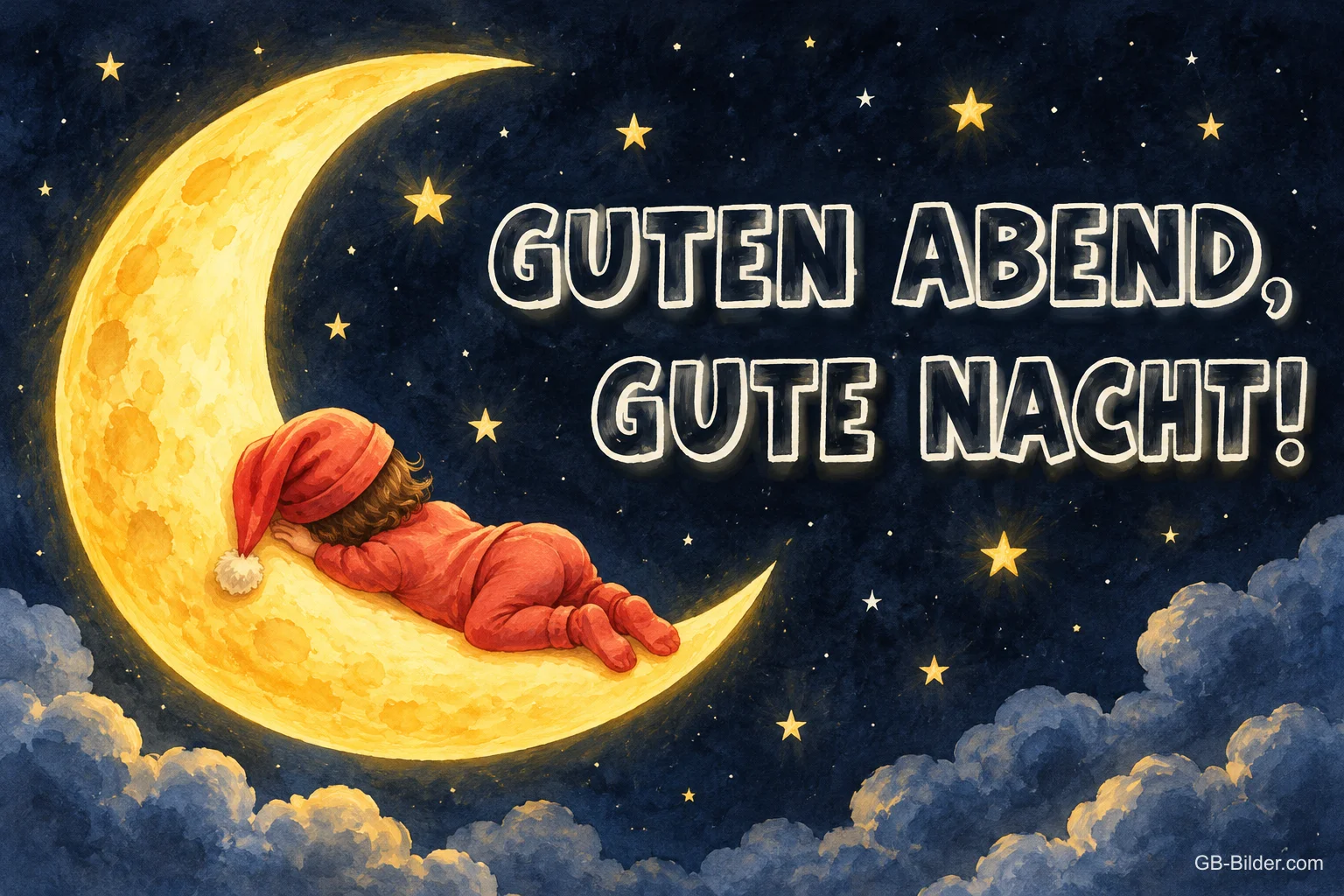 Kleines Kind mit Schlafmütze schläft auf einer Mondsichel, Text: Guten Abend, gute Nacht!