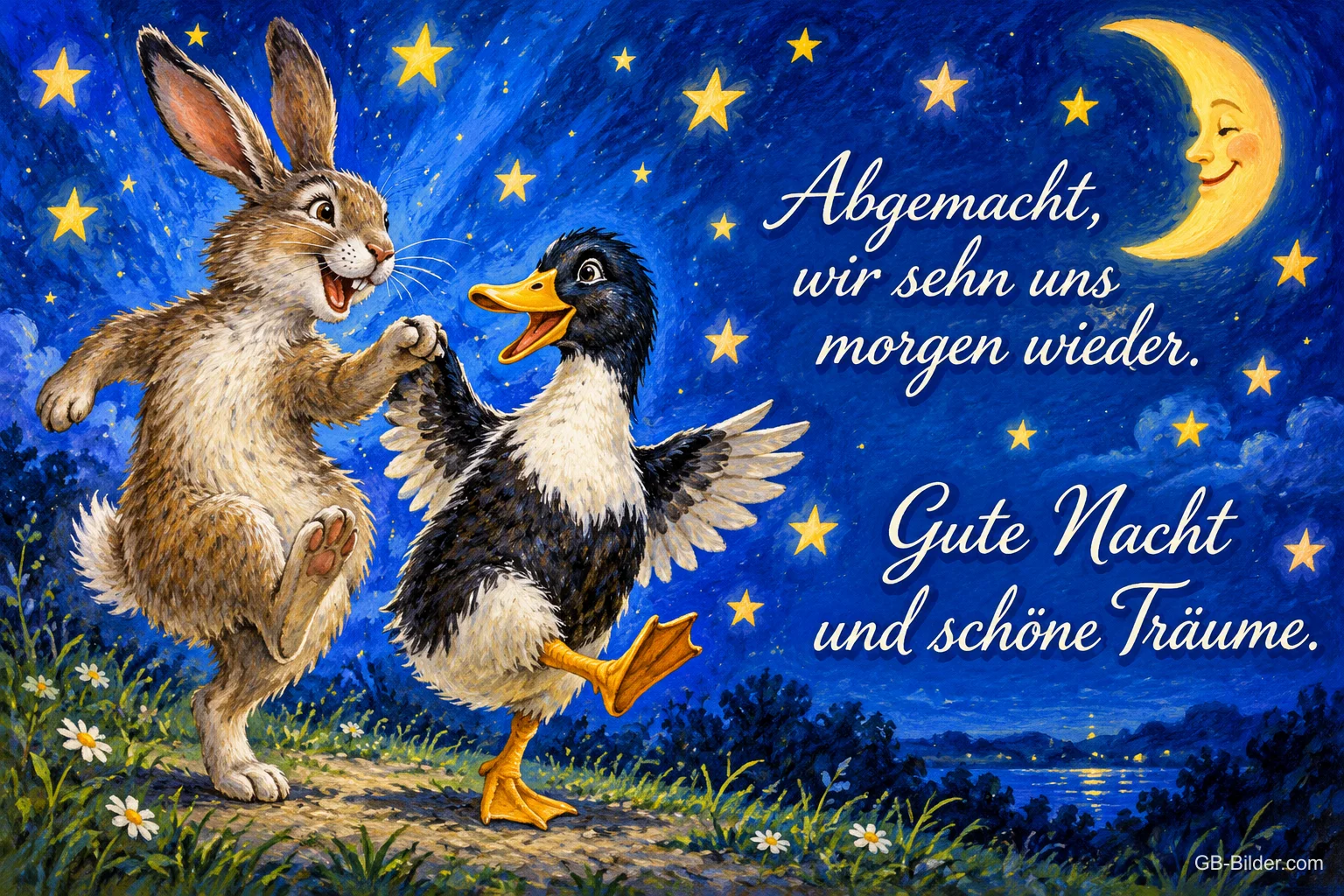 Hase und Ente geben sich die Hand unter dem Sternenhimmel, Text: Abgemacht, wir sehn uns morgen wieder. Gute Nacht und schöne Träume.