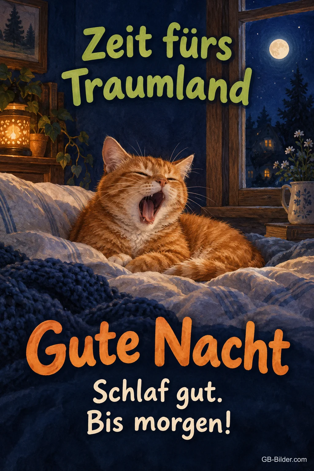 Rote Katze gähnt im Bett am nächtlichen Fenster, Text: Zeit fürs Traumland – Gute Nacht – Schlaf gut. Bis morgen!