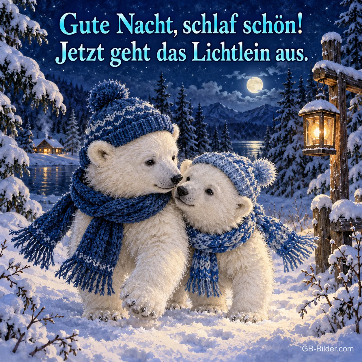 Zwei Eisbärjunge mit Strickmützen und Schals kuscheln im Schnee, Text: Gute Nacht, schlaf schön! Jetzt geht das Lichtlein aus.