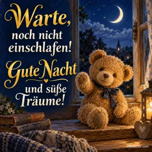Teddybär winkt auf einer Fensterbank bei Mondschein, Text: Warte, noch nicht einschlafen! Gute Nacht und süße Träume!