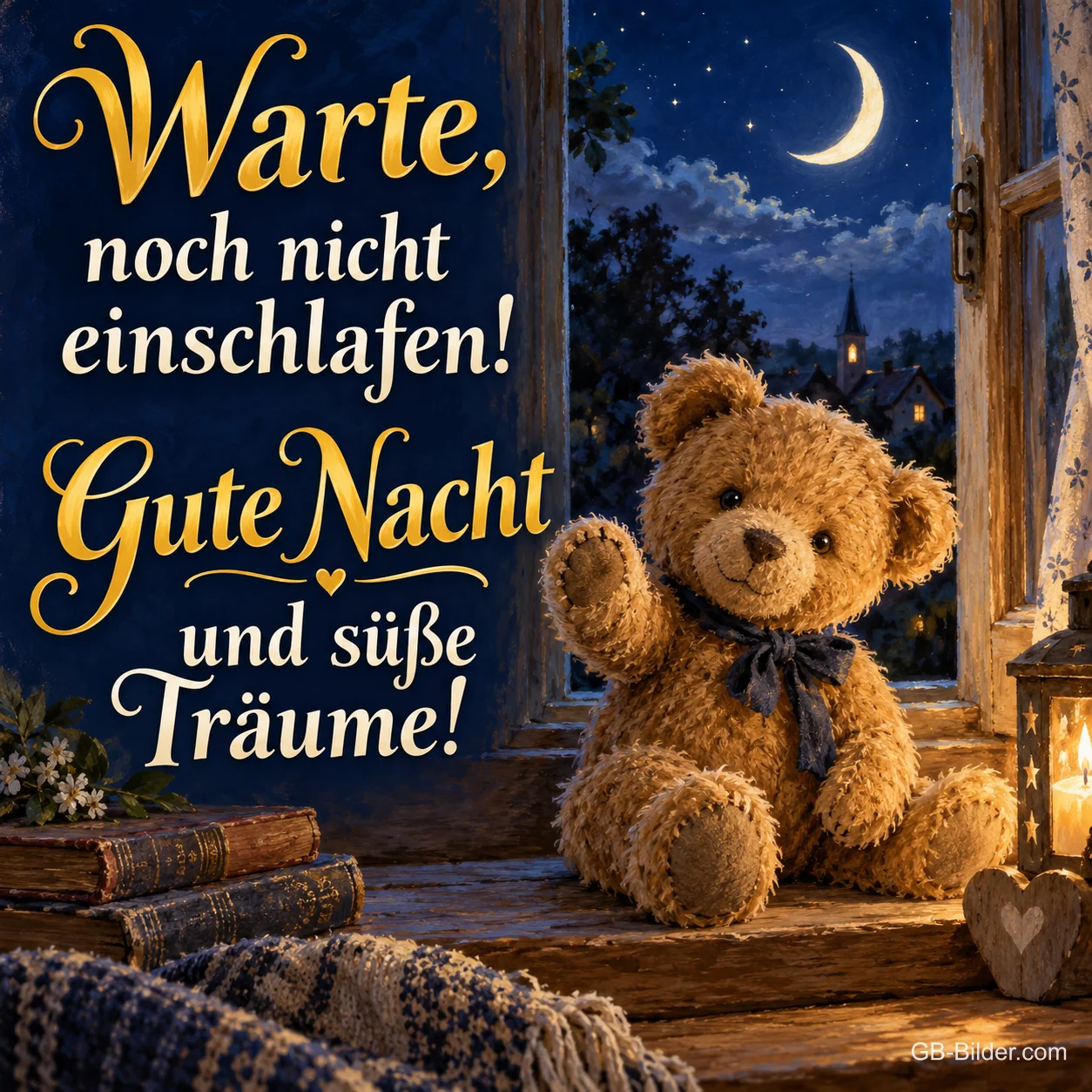 Teddybär winkt auf einer Fensterbank bei Mondschein, Text: Warte, noch nicht einschlafen! Gute Nacht und süße Träume!
