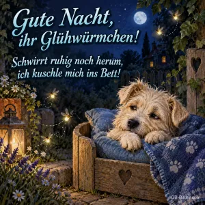Hund liegt in einem Holzkörbchen zwischen Glühwürmchen, Text: Gute Nacht, ihr Glühwürmchen! Schwirrt ruhig noch herum, ich kuschle mich ins Bett!