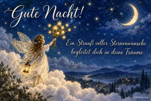 Fee hält einen Strauß aus Sternen über den Wolken, Text: Gute Nacht! Ein Strauß voller Sternenwünsche begleitet dich in deine Träume.
