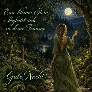 Frau im grünen Kleid steht im nächtlichen Wald zwischen Glühwürmchen, Text: Ein kleiner Stern begleitet dich in deine Träume. Gute Nacht!