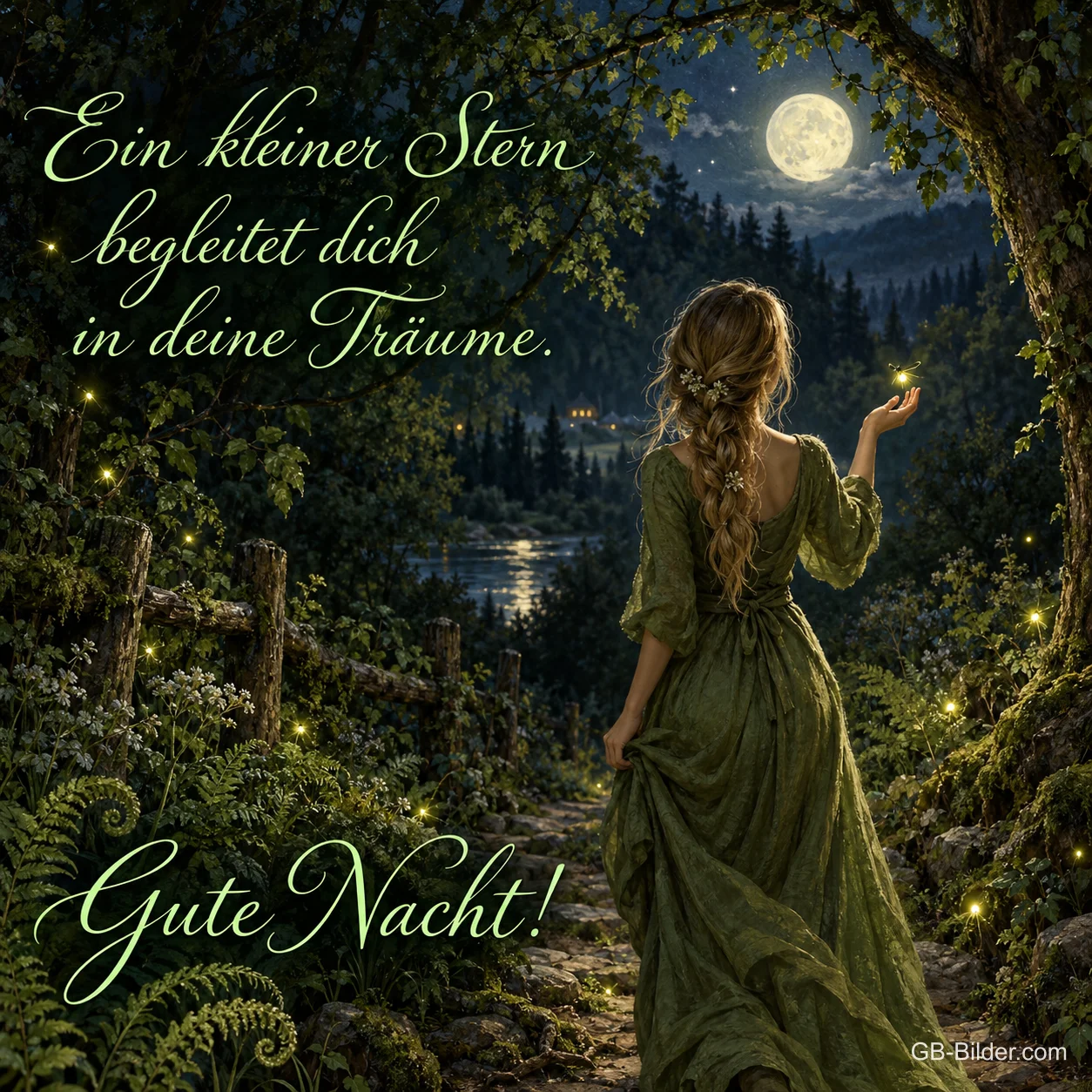 Frau im grünen Kleid steht im nächtlichen Wald zwischen Glühwürmchen, Text: Ein kleiner Stern begleitet dich in deine Träume. Gute Nacht!