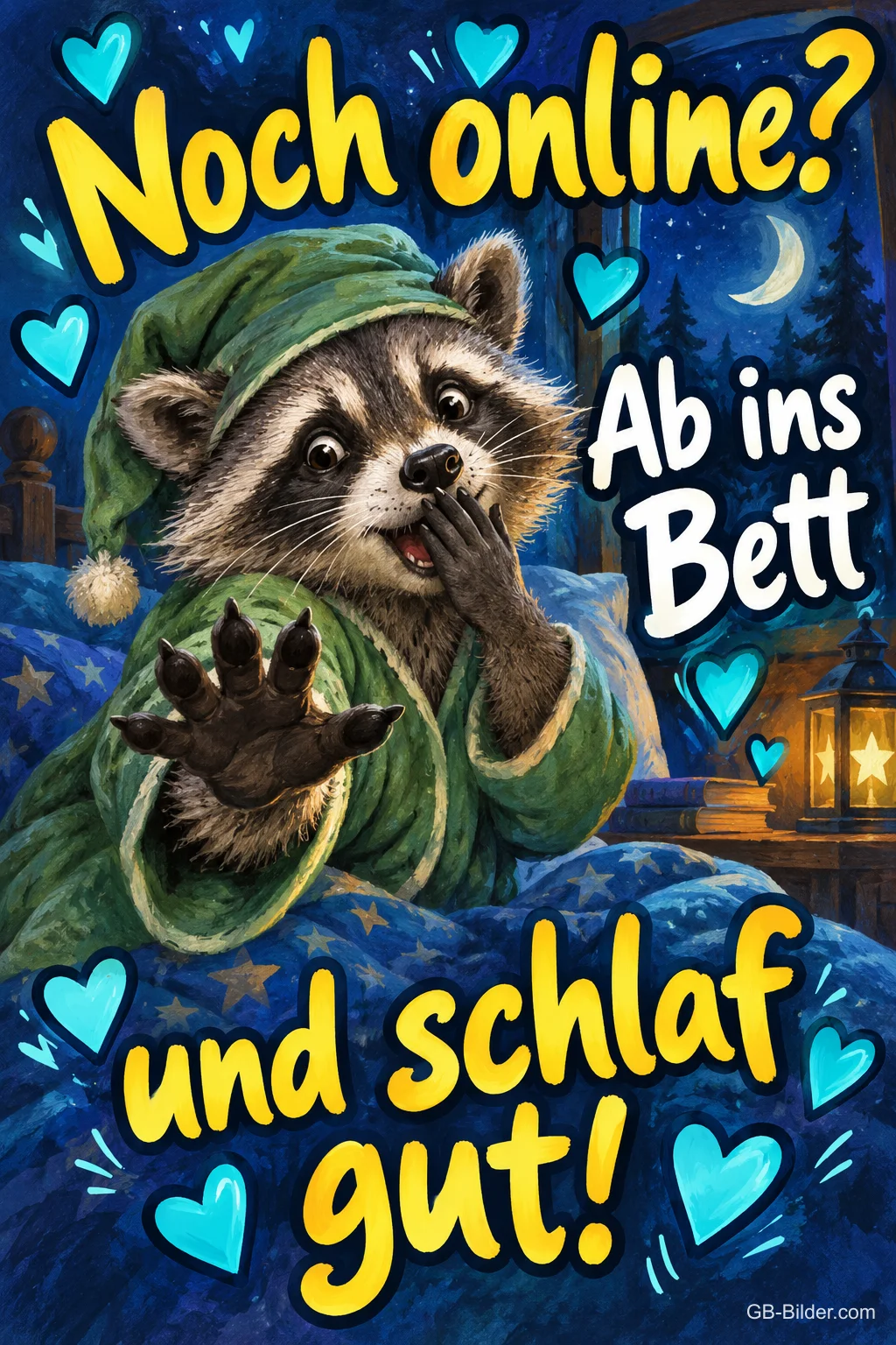 Waschbär mit Zipfelmütze hält sich ertappt die Pfote vor den Mund, blaue Herzen, Text: Noch online? Ab ins Bett und schlaf gut!