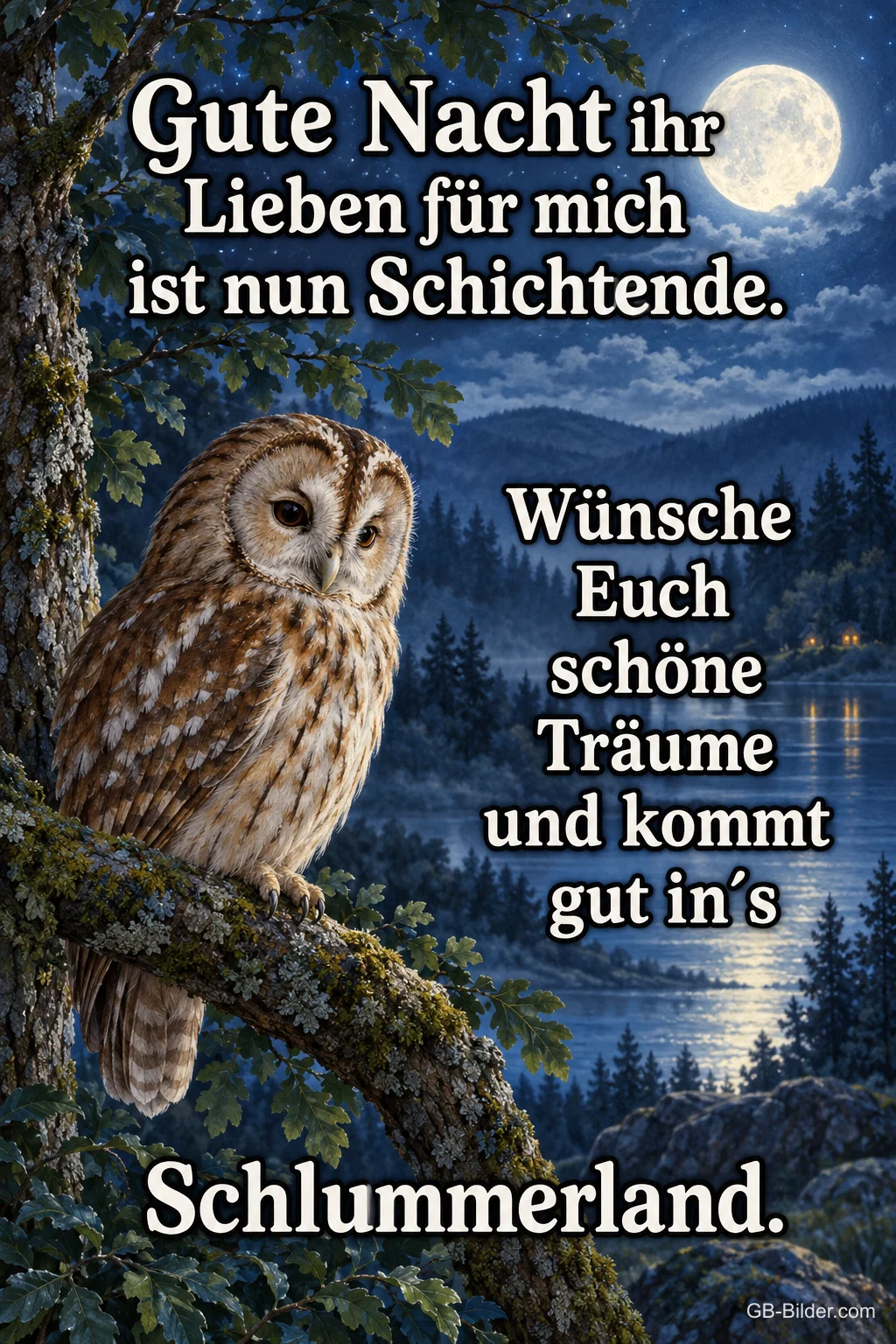 Waldkauz bei Vollmond, Text: Gute Nacht ihr Lieben für mich ist nun Schichtende Waldkauz bei Vollmond, Text: Gute Nacht ihr Lieben für mich ist nun Schichtende