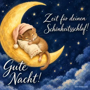 Maus mit Schlafmütze schläft auf einer Mondsichel, Text: Zeit für deinen Schönheitsschlaf! Gute Nacht!