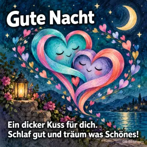 Zwei Herzen mit Gesichtern umarmen sich über einem nächtlichen See, Text: Gute Nacht – Ein dicker Kuss für dich. Schlaf gut und träum was Schönes!