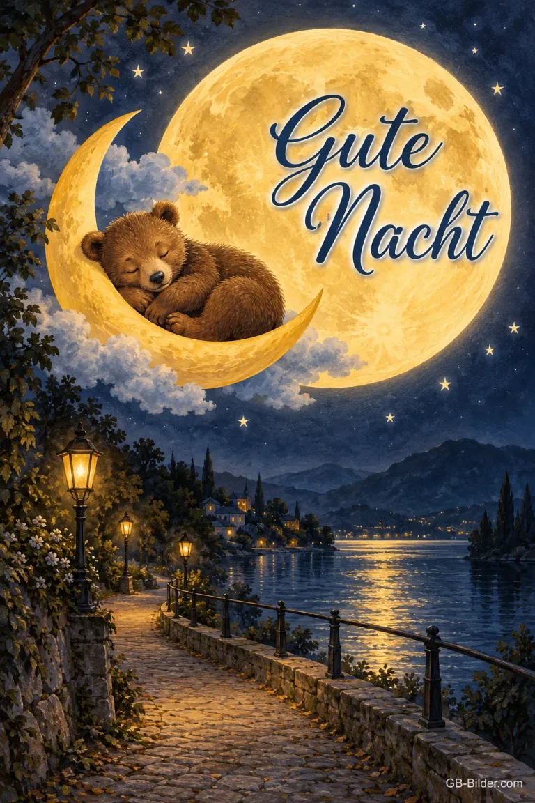 Bärenjunges schläft auf einer Mondsichel vor dem Vollmond, Text: Gute Nacht