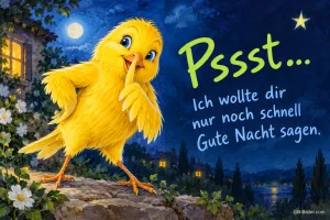 Gelbes Küken hält den Finger vor den Schnabel, nächtliches Dorf, Text: Pssst… Ich wollte dir nur noch schnell Gute Nacht sagen.