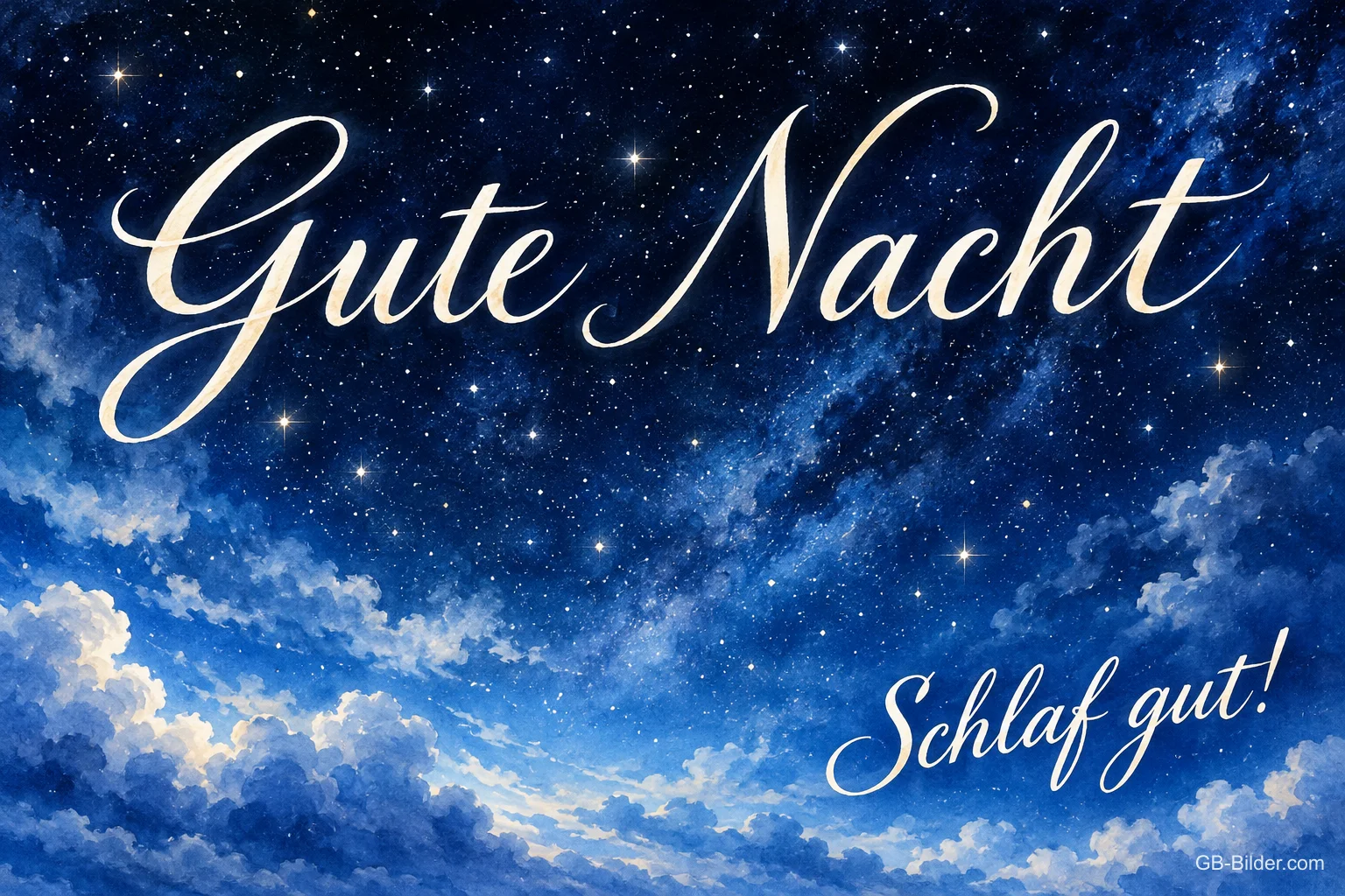 Sternenhimmel über Wolken, Text: Gute Nacht – Schlaf gut!