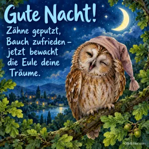 Waldkauz mit Schlafmütze zwinkert auf einem Eichenast, Text: Gute Nacht! Zähne geputzt, Bauch zufrieden – jetzt bewacht die Eule deine Träume.