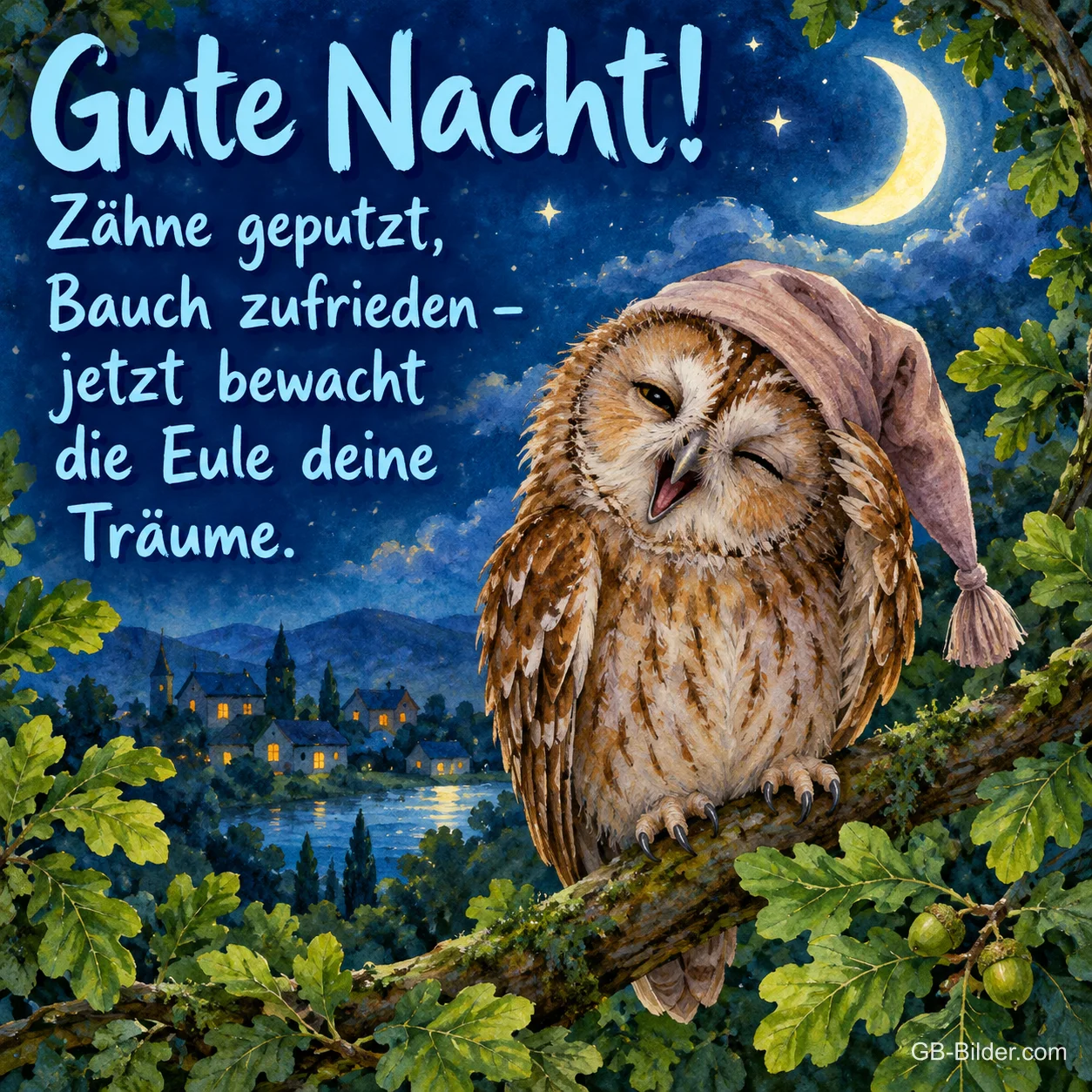 Waldkauz mit Schlafmütze zwinkert auf einem Eichenast, Text: Gute Nacht! Zähne geputzt, Bauch zufrieden – jetzt bewacht die Eule deine Träume.