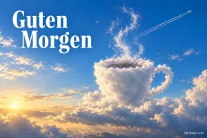 Wolken in Form einer dampfenden Kaffeetasse am Morgenhimmel, Text: Guten Morgen