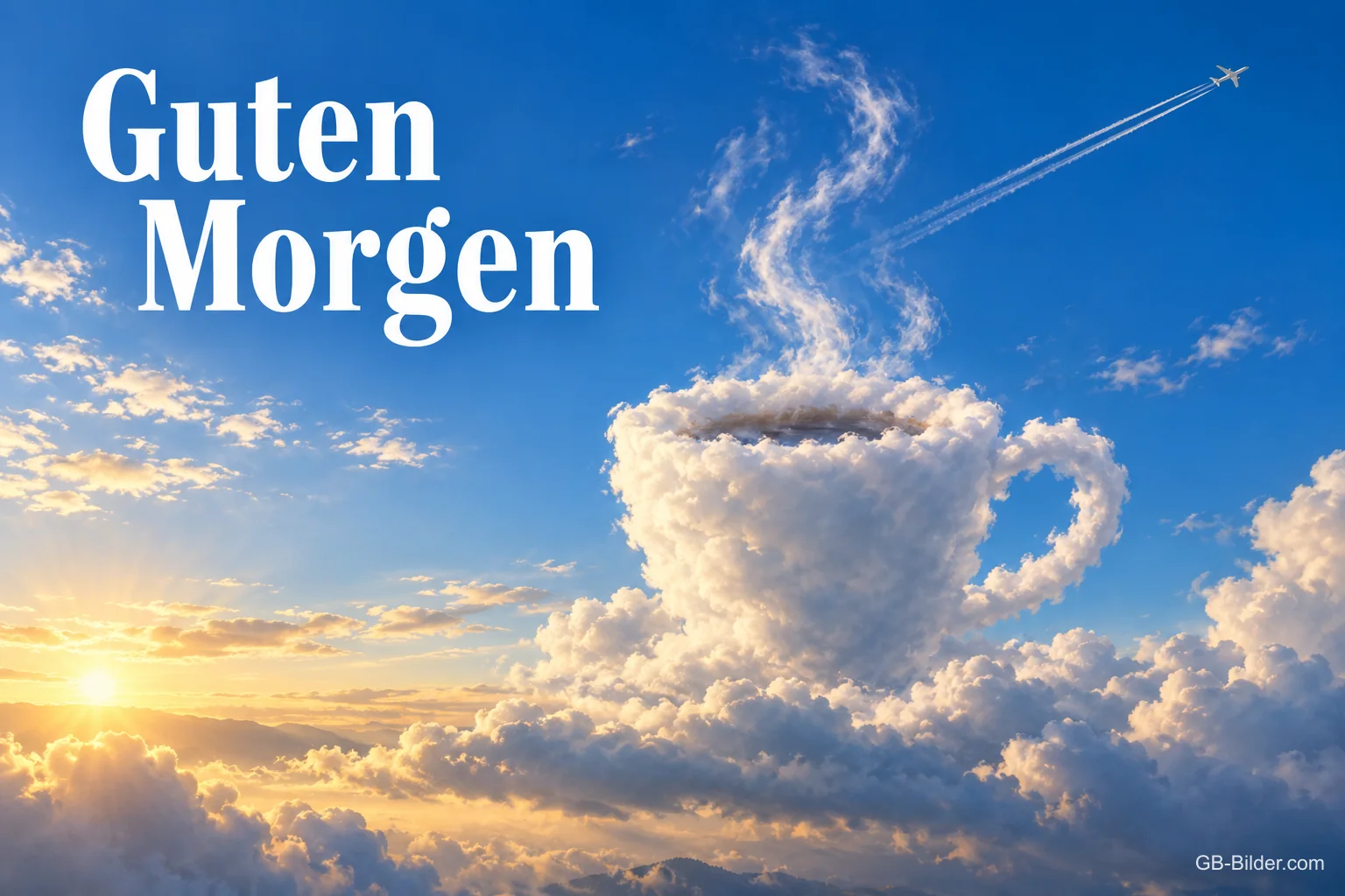 Wolken in Form einer dampfenden Kaffeetasse am Morgenhimmel, Text: Guten Morgen Wolken in Form einer dampfenden Kaffeetasse am Morgenhimmel, Text: Guten Morgen