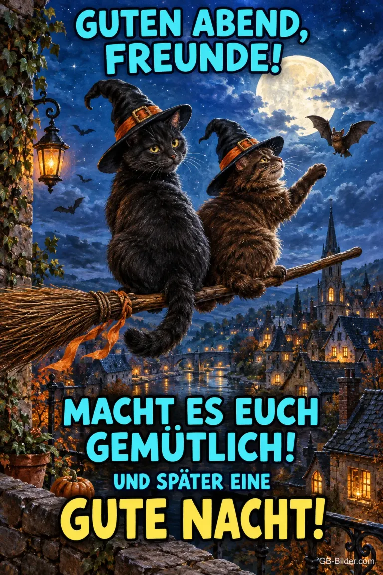 Zwei Katzen mit Hexenhüten fliegen auf einem Besen über eine Stadt bei Vollmond, Text: Guten Abend, Freunde! Macht es euch gemütlich! Und später eine gute Nacht!