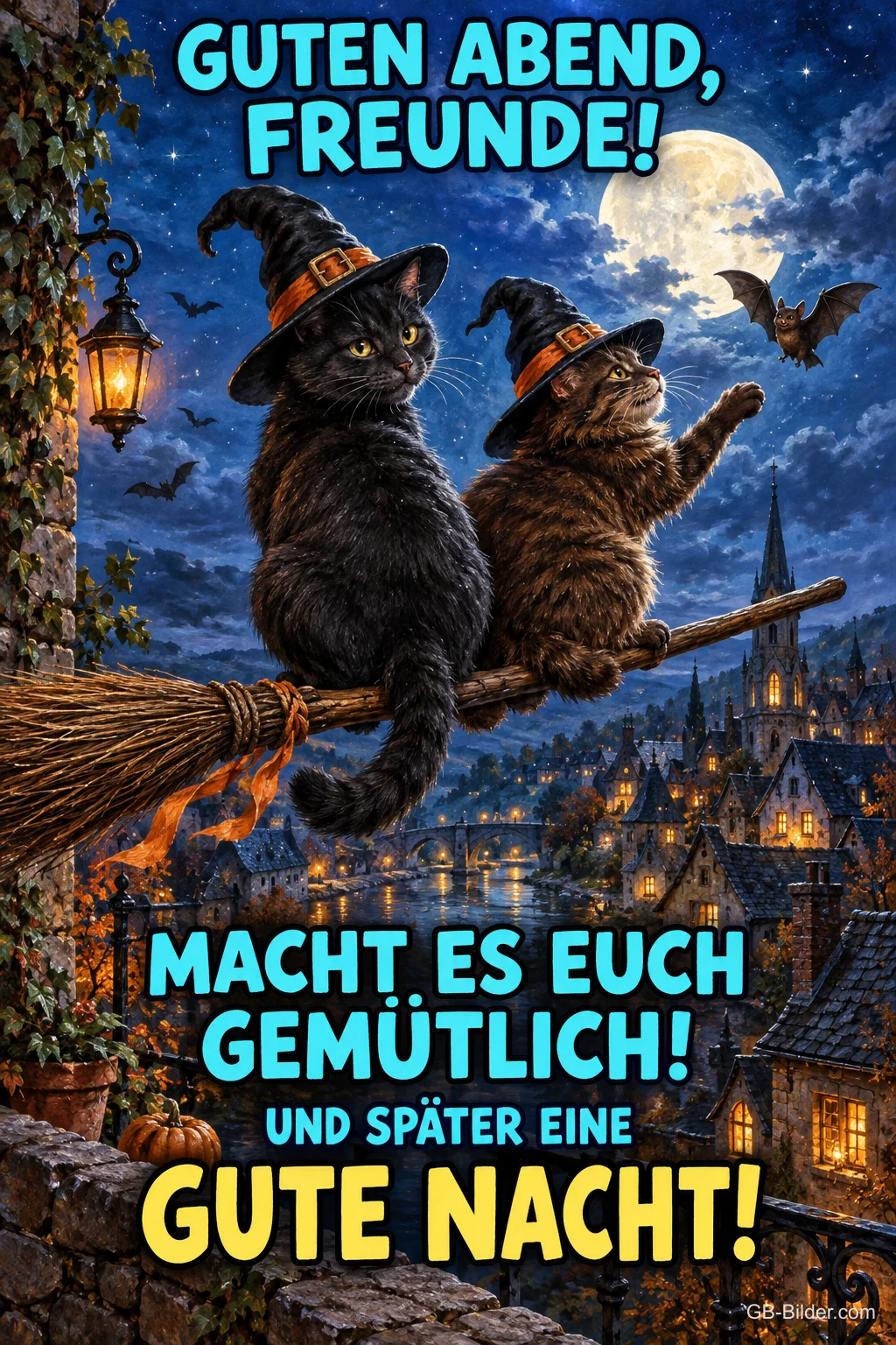 Zwei Katzen mit Hexenhüten fliegen auf einem Besen über eine Stadt bei Vollmond, Text: Guten Abend, Freunde! Macht es euch gemütlich! Und später eine gute Nacht!