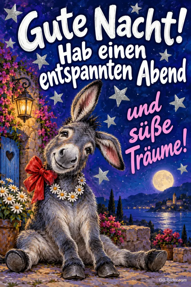 Grauer Esel mit roter Schleife und Gänseblümchenkette sitzt unter Sternen, Text: Gute Nacht! Hab einen entspannten Abend und süße Träume!