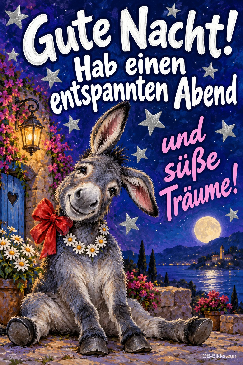 Grauer Esel mit roter Schleife und Gänseblümchenkette sitzt unter Sternen, Text: Gute Nacht! Hab einen entspannten Abend und süße Träume!