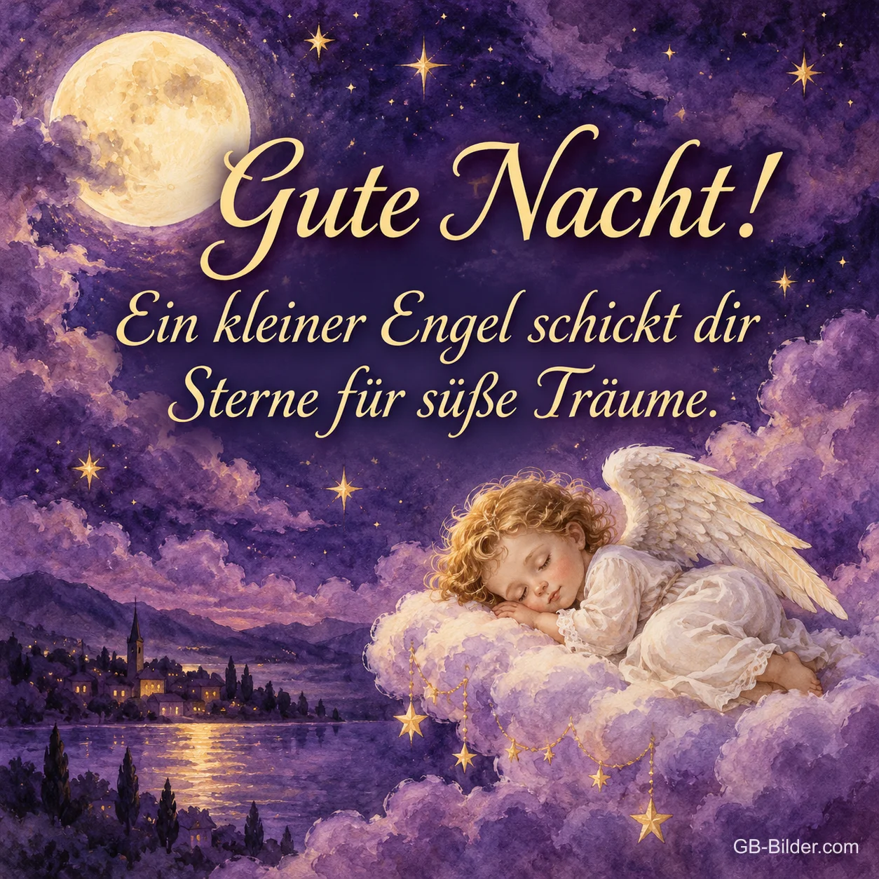 Kleines Engelchen schläft auf lila Wolken unter dem Vollmond, Text: Gute Nacht! Ein kleiner Engel schickt dir Sterne für süße Träume.