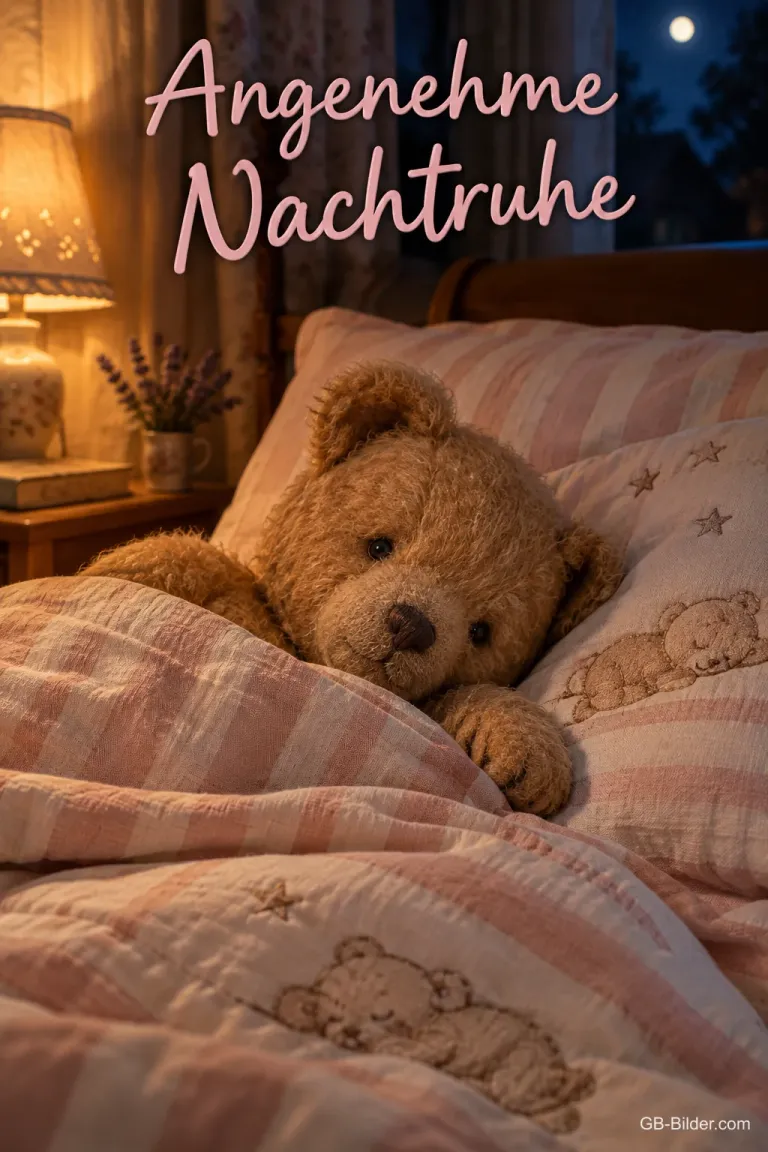 Teddybär liegt unter einer gestreiften Bettdecke im Lampenlicht, Text: Angenehme Nachtruhe