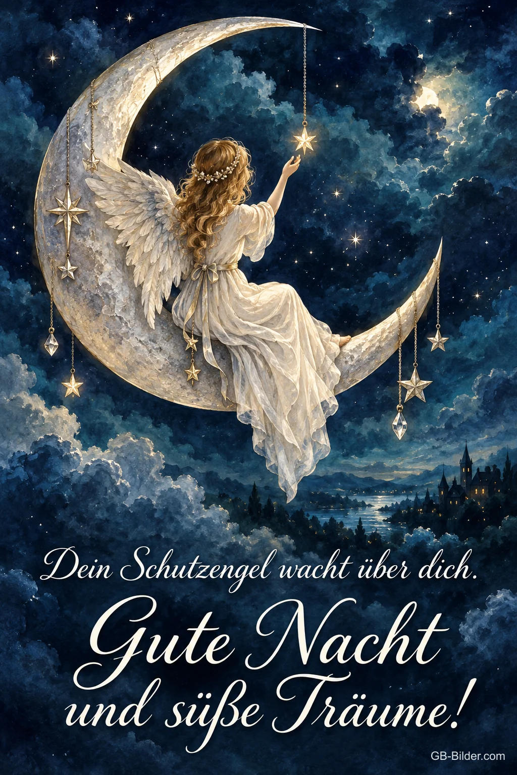 Engel sitzt auf einer Mondsichel und hängt Sterne auf, Text: Dein Schutzengel wacht über dich. Gute Nacht und süße Träume!