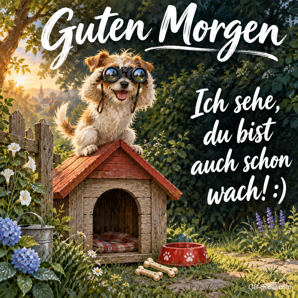 Hund schaut mit einem Fernglas vom Dach seiner Hundehütte, Text: Guten Morgen – Ich sehe, du bist auch schon wach! :)