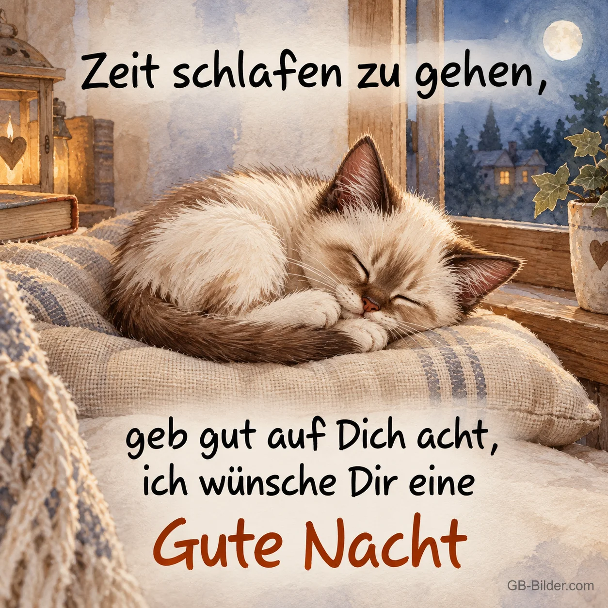 Schlafende Siamkatze, Text: Zeit schlafen zu gehen, geb gut auf Dich acht, ich wünsche Dir eine Gu