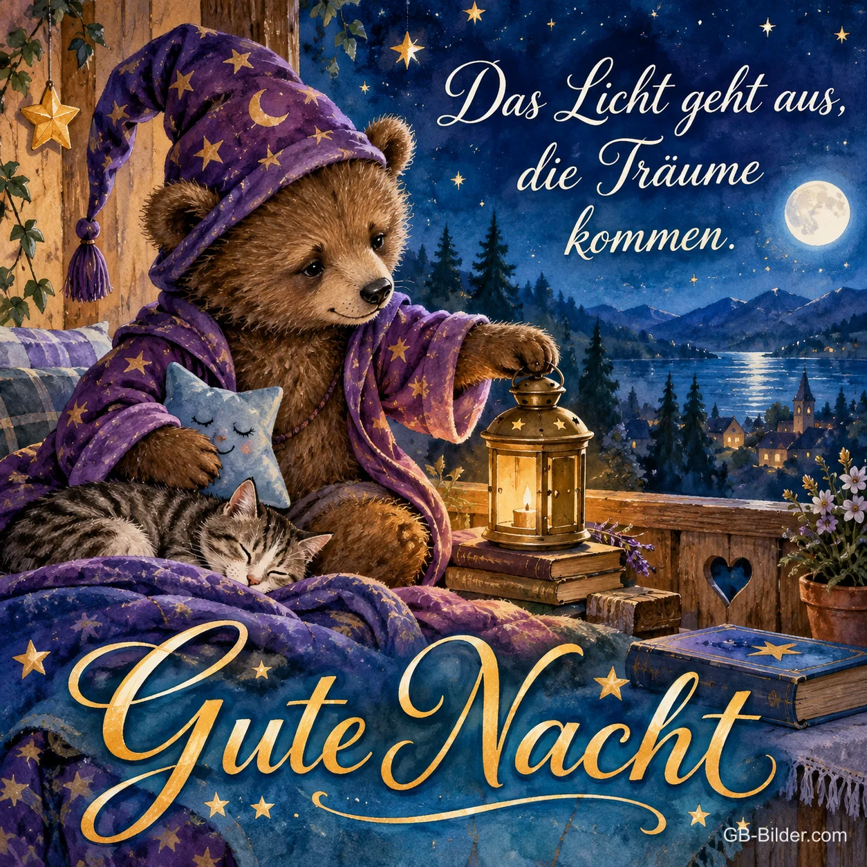 Bär mit Zaubererhut und Laterne neben einer schlafenden Katze, Text: Das Licht geht aus, die Träume kommen. Gute Nacht