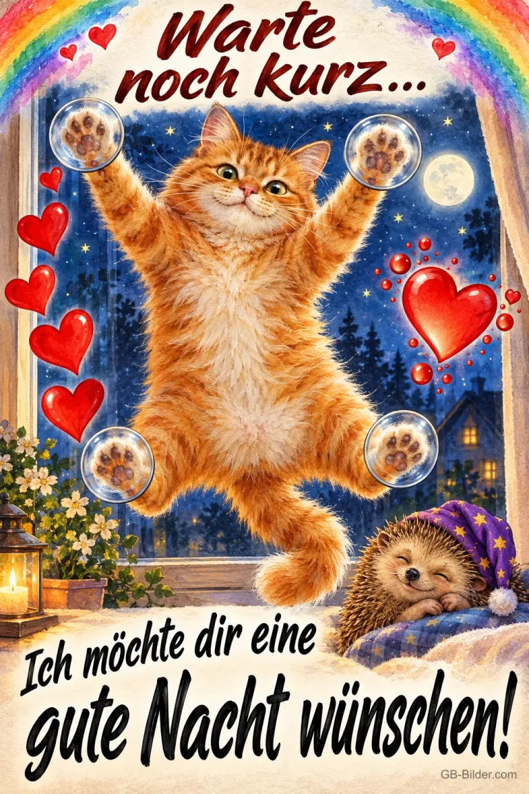 Rote Katze klebt mit Saugnäpfen an der Fensterscheibe, Herzen und schlafender Igel, Text: Warte noch kurz… Ich möchte dir eine gute Nacht wünschen!