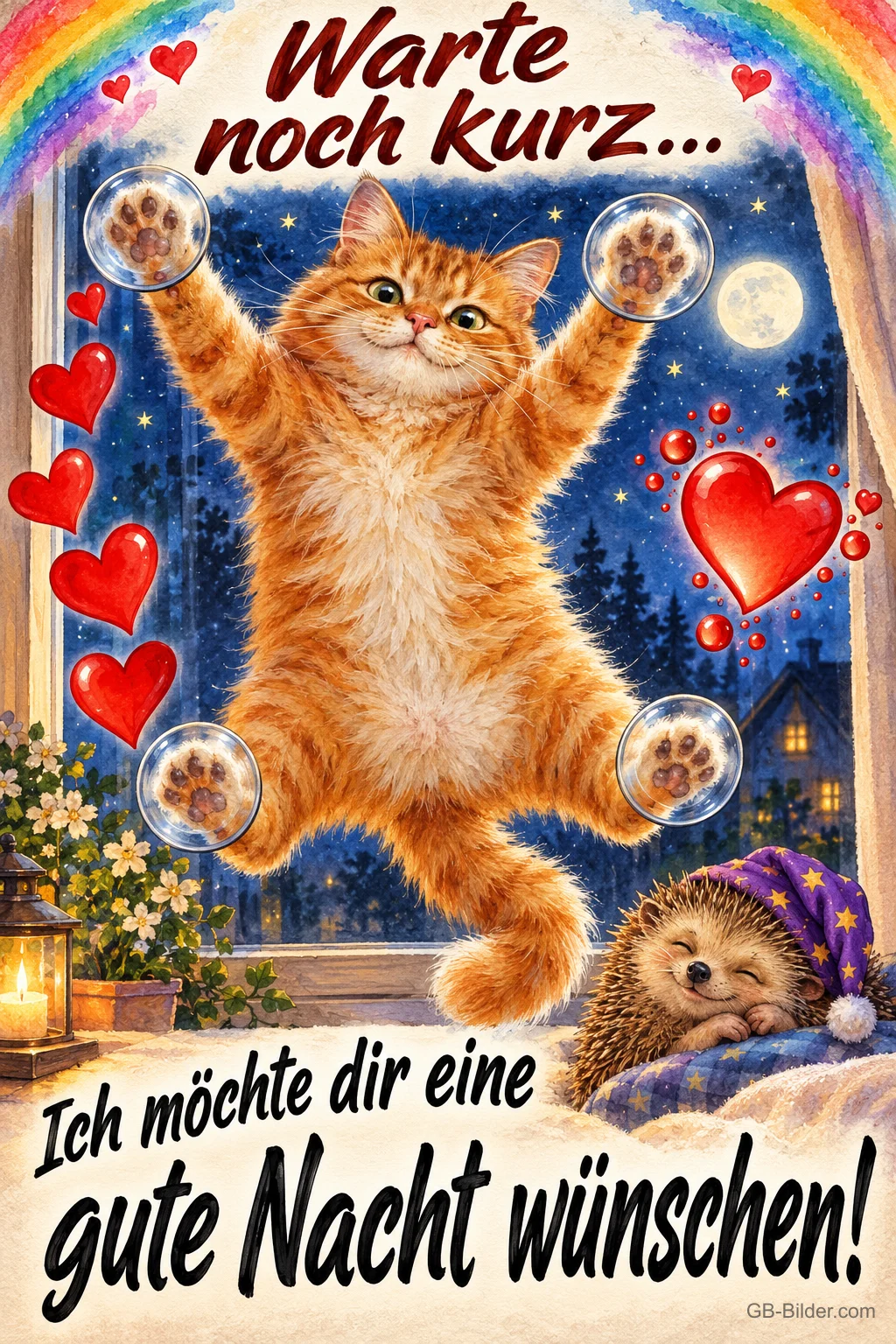 Rote Katze klebt mit Saugnäpfen an der Fensterscheibe, Herzen und schlafender Igel, Text: Warte noch kurz… Ich möchte dir eine gute Nacht wünschen!
