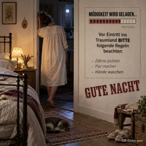 Müde Frau im Nachthemd lehnt an der Schlafzimmertür, Text: MÜDIGKEIT WIRD GELADEN… Vor Eintritt ins Traumland BITTE folgende Regeln beachten: Zähne putzen, Pipi machen, Hände waschen. GUTE NACHT