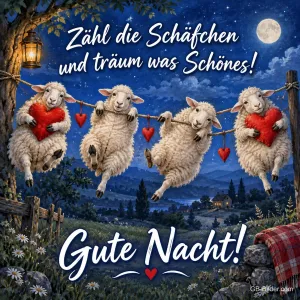 Schafe mit Herzen hängen an einer Wäscheleine unter dem Vollmond, Text: Zähl die Schäfchen und träum was Schönes! Gute Nacht!