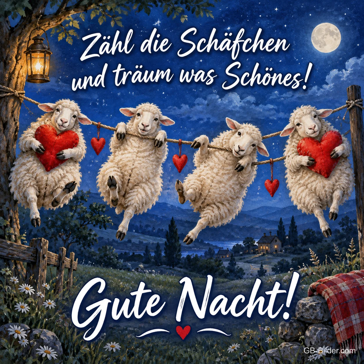 Schafe mit Herzen hängen an einer Wäscheleine unter dem Vollmond, Text: Zähl die Schäfchen und träum was Schönes! Gute Nacht!