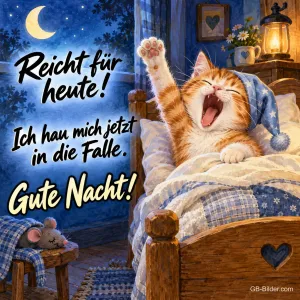 Rote Katze mit Schlafmütze gähnt und streckt sich im Bett, Text: Reicht für heute! Ich hau mich jetzt in die Falle. Gute Nacht!