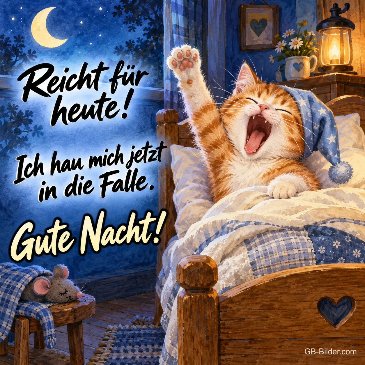 Rote Katze mit Schlafmütze gähnt und streckt sich im Bett, Text: Reicht für heute! Ich hau mich jetzt in die Falle. Gute Nacht! Rote Katze mit Schlafmütze gähnt und streckt sich im Bett, Text: Reicht für heute! Ich hau mich jetzt in die Falle. Gute Nacht!
