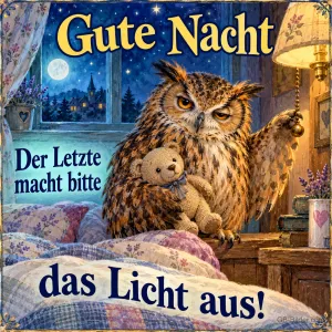 Uhu mit Teddybär zieht an der Lampenkette am Bett, Text: Gute Nacht – Der Letzte macht bitte das Licht aus!